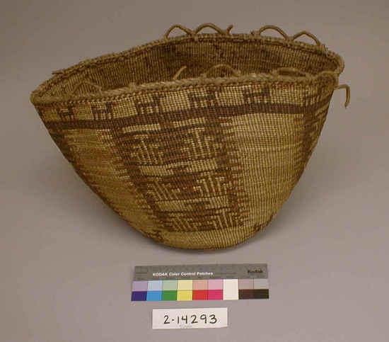 Hearst Museum object titled Bag, accession number 2-14293, described as Similar to preceding - 14292 (Soft twined basketry bag, overlay design, encircling band of dogs; loops around rim).