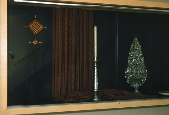 Hearst Museum object titled Color slide, accession number 25-23975, described as Mexican Pop. Arts Exhibit case at Davis. J.B.