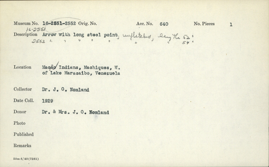 Documentation associated with Hearst Museum object titled Arrow, accession number 16-2551, described as Arrow with long steel point; unfletched