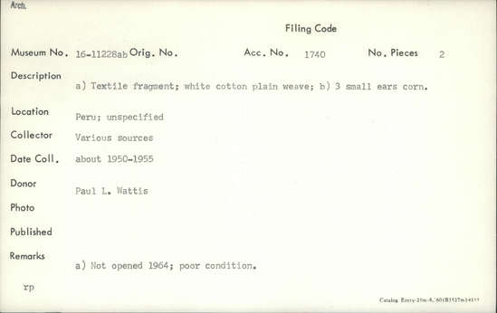 Documentation associated with Hearst Museum object titled Textile fragment, accession number 16-11228a, no description available.