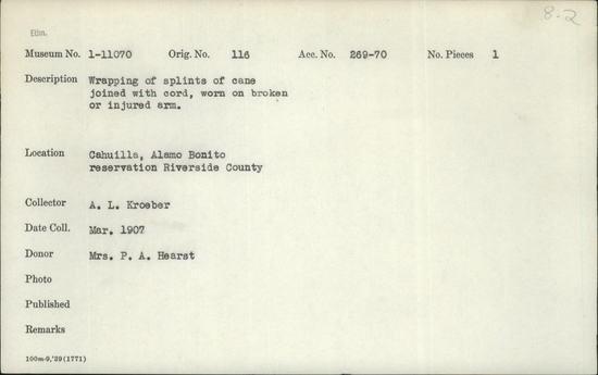 Documentation associated with Hearst Museum object titled Splints, accession number 1-11070, described as Wrapping of splints of cane joined with cord.  Worn on broken or injured arm.