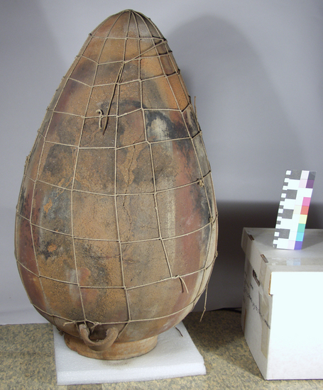 Hearst Museum object 4 of 4 titled Vessel, accession number 4-6227, described as Extra large pottery vessel, bottom painted; painted with red stripes to resemble a melon