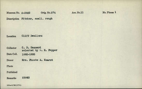 Documentation associated with Hearst Museum object titled Pitcher, accession number 2-3823, described as Pitcher. Small, rough.