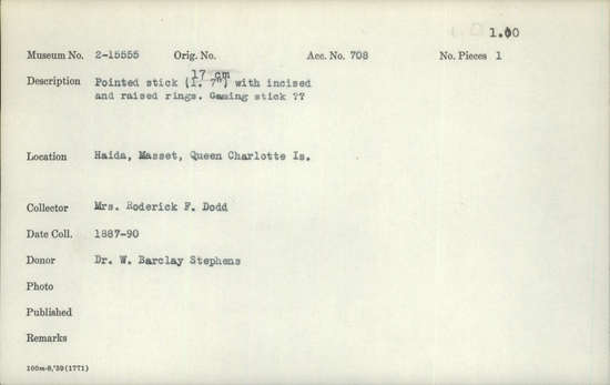 Documentation associated with Hearst Museum object titled Stick, accession number 2-15555, described as Pointed stick with incised and raised rings.