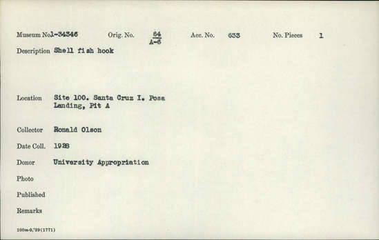 Documentation associated with Hearst Museum object titled Fishhook, accession number 1-34346, described as Made of shell. Notice: Image restricted due to its potentially sensitive nature. Contact Museum to request access.