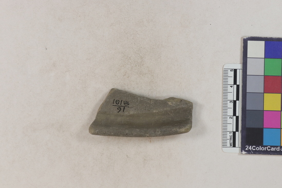 Hearst Museum object 91 of 160 titled Potsherd, accession number 16-8191, described as Potsherd: rims Section of Manta on beach currently inhabited. Numbers  8111 to 8194 are sherds picked up on beach at low tide.