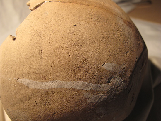 Hearst Museum object 38 of 48 titled Broken bowl, accession number 6-5108, described as Pottery: buff bowl, broken 5 small holes, slow ancient repairing; diameter 14 cm, height 8 cm.