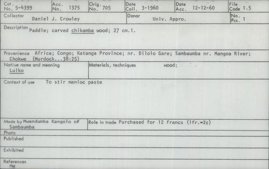 Documentation associated with Hearst Museum object titled Paddle, accession number 5-4399, described as Paddle; carved chikamba wood; 27 cm l.
