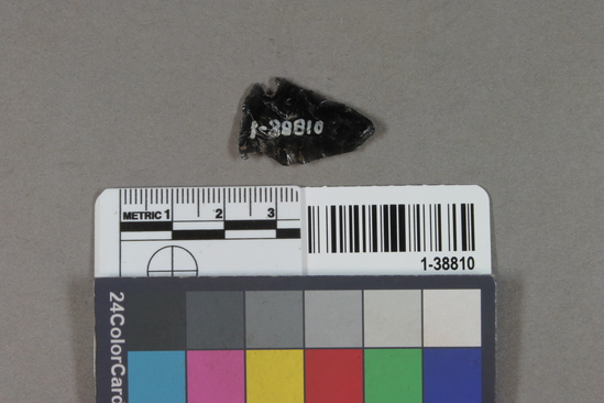 Hearst Museum object 1 of 2 titled Point, accession number 1-38810, described as Obsidian. Stem missing.