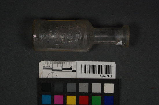 Hearst Museum object titled Bottle, accession number 1-248361, described as Glass bottle; whole; clear, maker’s mark