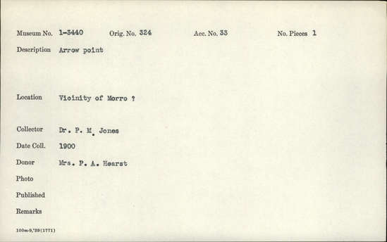 Documentation associated with Hearst Museum object titled Projectile point, accession number 1-3440, described as Arrowpoint