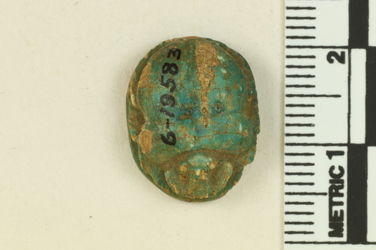 Hearst Museum object 9 of 12 titled Scarab with inscription, accession number 6-19583, described as Length 16.9 mm, width 13.5 mm (broken), height 7.5 mm (Purchased by Reisner Tukh 1899-1900).