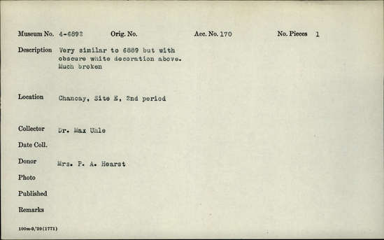 Documentation associated with Hearst Museum object titled Broken pot w/h, accession number 4-6892, no description available.