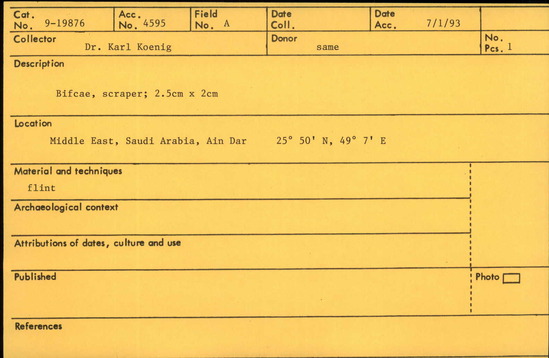 Documentation associated with Hearst Museum object titled Scraper, accession number 9-19876, described as Biface, scraper; 2.5cm x 2cm