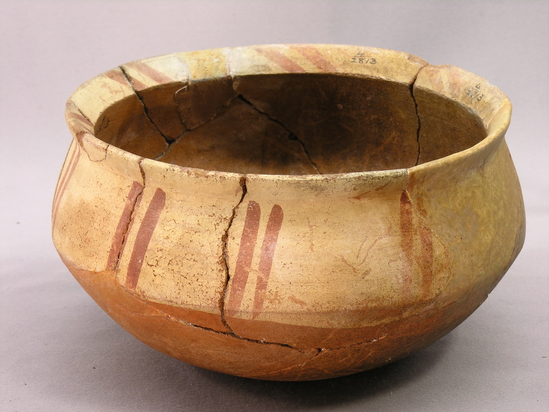 Hearst Museum object 5 of 7 titled Broken bowl, accession number 4-2813, described as Bowl of red pottery, white shoulder painted with pairs of red lines. Broken