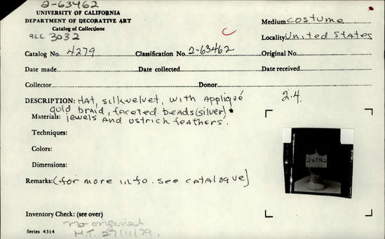 Documentation associated with Hearst Museum object titled Hat, accession number 2-63462, described as Hat, silk velvet, with applique gold braid, faceted beads (silver). jewels and ostrich feathers