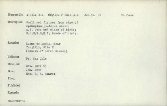 Documentation associated with Hearst Museum object titled Figures, accession number 4-2313b, described as Small red figures from edge of Spondylus pictorum shell, body and wings of birds.