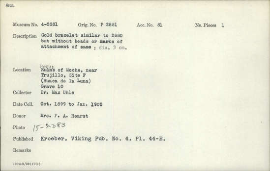 Documentation associated with Hearst Museum object titled Bracelet, accession number 4-2881, described as Gold bracelet similar to 2880 but without beads or marks of attachment of same; diameter 3 cm