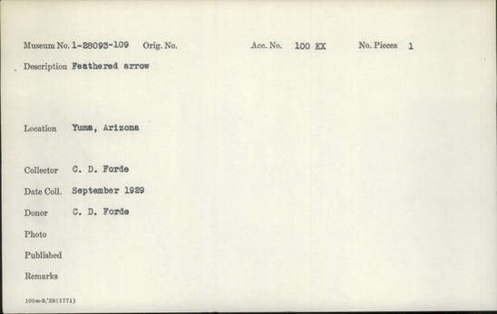 Documentation associated with Hearst Museum object titled Arrow, accession number 1-28103, described as Feathered arrow.