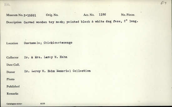 Documentation associated with Hearst Museum object titled Toy mask, accession number 3-15591, described as Carved wooden toy mask; painted black and white dog face