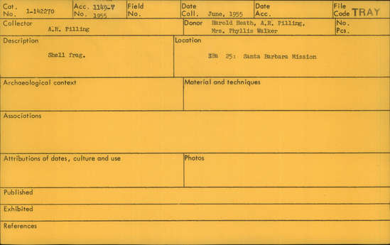 Documentation associated with Hearst Museum object titled Shell fragment, accession number 1-142270, described as Shell fragment.