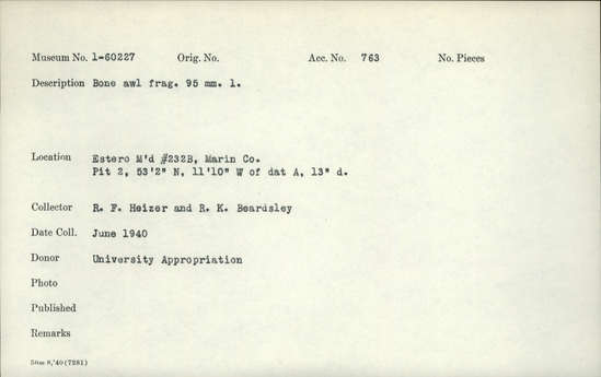 Documentation associated with Hearst Museum object titled Awl fragment, accession number 1-60227, described as Bone. Notice: Image restricted due to its potentially sensitive nature. Contact Museum to request access.