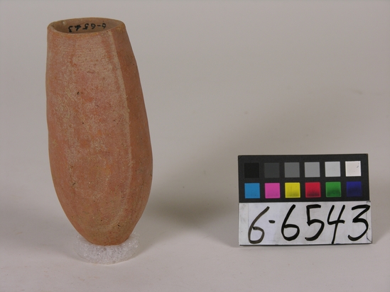 Hearst Museum object titled Beer cup, accession number 6-6543, described as Reddish pottery cup with deep, pointed bottom; least diameter 4cm, greatest diameter 6.5cm, height 15cm