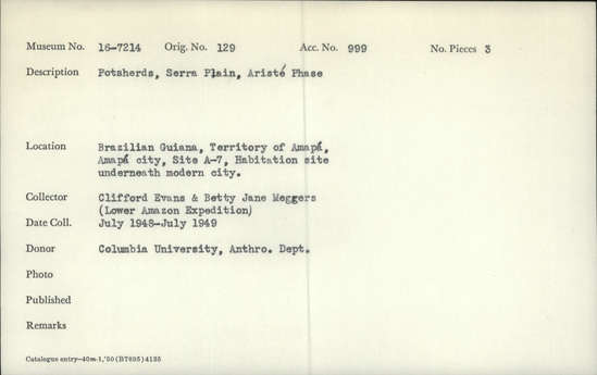 Documentation associated with Hearst Museum object titled Potsherds, accession number 16-7214, described as Potsherds, Serra plain