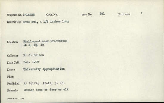 Documentation associated with Hearst Museum object titled Awl, accession number 1-14835, described as Bone.  Cannon bone of deer or elk. Gifford Type Specimen Collection: California bones Type: A1cII Notice: Image restricted due to its potentially sensitive nature. Contact Museum to request access.