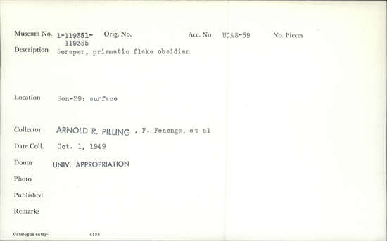 Documentation associated with Hearst Museum object titled Scraper, accession number 1-119355, described as Prismatic flake obsidian.