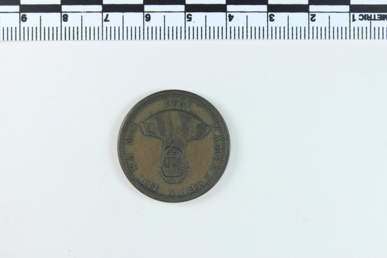 Hearst Museum object titled Coin, accession number 11-37255, described as Copper.  Obverse: frontal bust image of King Kamehameha; text encircling edge of coin: "KAMEHAMEHA III. KA MOI  1847".  Reverse: wreath encircling text: "HAPA HANERI"; text encircling inner edge of coin: "AUPUNI HAWAII" "Recat. from 7-2666