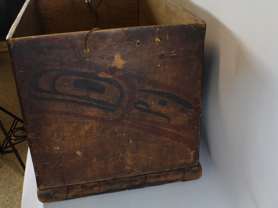 Hearst Museum object 6 of 6 titled Chest, accession number 2-10847a, described as (a) Oblong cedar blanket chest Length - 30 inches, width - 18 inches x 18 inches. Whale design on one side, grizzly bear on other. *Whale and grizzly bear (are associated in mythology) identified by Charles Brown.