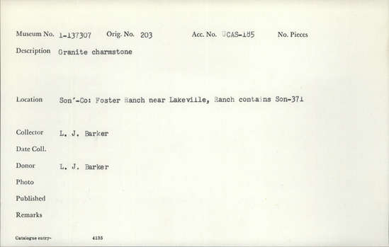 Documentation associated with Hearst Museum object titled Charmstone, accession number 1-137307, described as Granite charmstone.