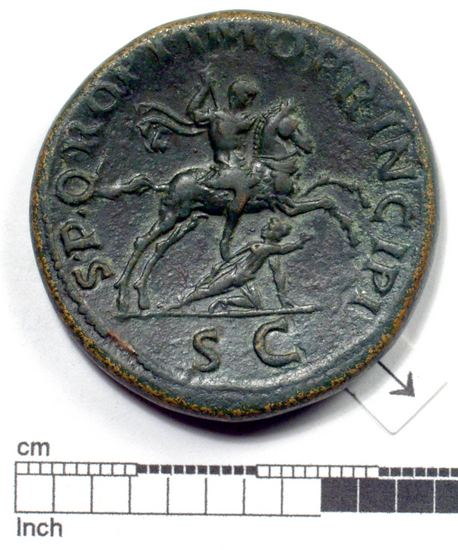 Hearst Museum object 10 of 12 titled Coin: æ sestertius, accession number 8-5518, described as Coin; AE; Sestertius; Roman. 26.65 grams, 33 mm. Trajan, 103-111 AD. Obverse: IMP CAES NERVAE TRAIANO AVG GER DAC PM TRP COS V(?) PP(?), head of Trajan r. laureate. Reverse: S.P.Q.R. OPTIMO PRINCIPI, Trajan mounted r. cuirassed and cloaked, lance aimed at barbarian r.; in exergue, S C