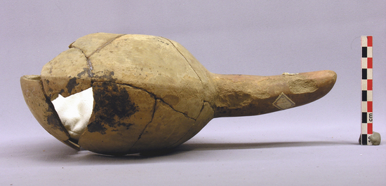 Hearst Museum object 1 of 2 titled Broken bowl with handle, accession number 4-2649, described as Ladle-like bowl, small opening and straight handle; without decoration, broken.