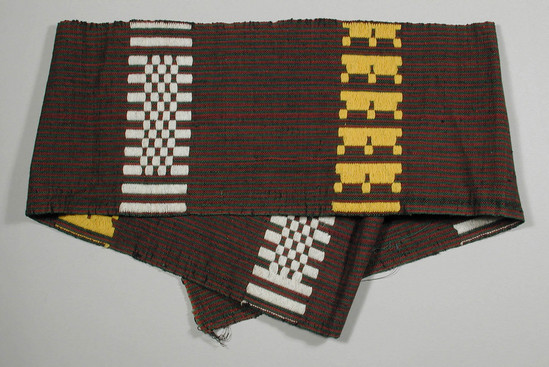 Hearst Museum object titled Textile fragment, accession number 5-11351, described as textile sample (section of narrow band weaving): tiny red and black warp stripes with white and yellow brocade in two unnamed patterns.