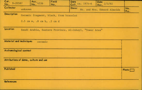 Documentation associated with Hearst Museum object titled Bangle fragment, accession number 9-20587, described as ceramic fragment, black, from bracelet