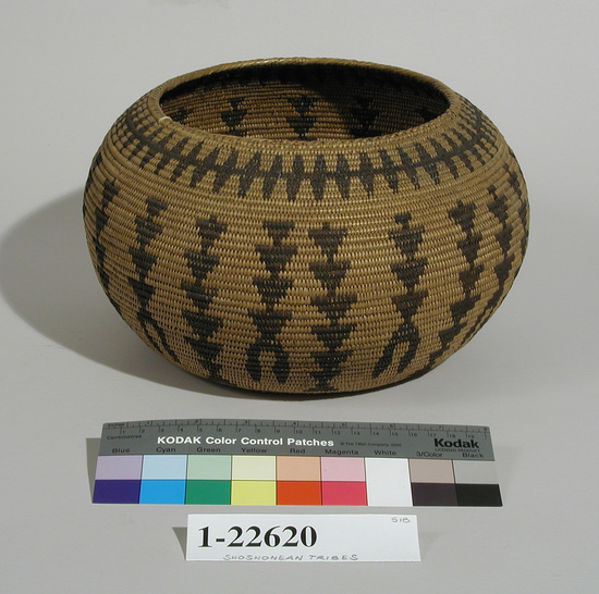 Hearst Museum object 1 of 2 titled Basket, accession number 1-22620, described as Coiled basket with inverted triangle design in parallel columns.