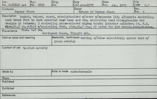 Documentation associated with Hearst Museum object titled Basket, accession number 2-50140a-c, described as (a) Twined, round, straight-sided basket. Encircling band Greek fret in dark material near base and rim, encircling band triangle-like red designs in between; 3 encircling straw-colored zigzag bands; interior cylinder. (b) Lid with encircling fret. (c) Cover for lid center, geometric designs. False embroidery; spruce root with grass overlay.