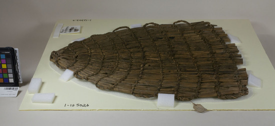 Hearst Museum object titled Fish platter, accession number 1-12502b, described as Fish platter; twined. Warp and weft are unsplit Tule (Schoenoplectus acutus).