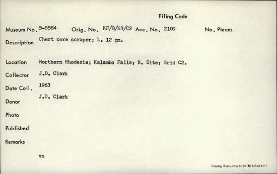 Documentation associated with Hearst Museum object titled Scraper, accession number 5-5584, described as Chert core scraper; L. 12 cm