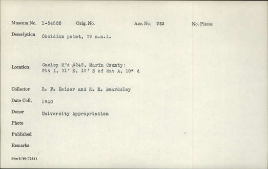 Documentation associated with Hearst Museum object titled Point, accession number 1-54855, described as Obsidian point