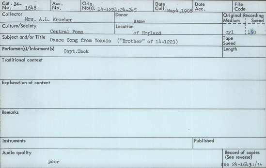 Documentation associated with Hearst Museum object titled Audio recording, accession number 24-1648, described as Dance from Yokaia