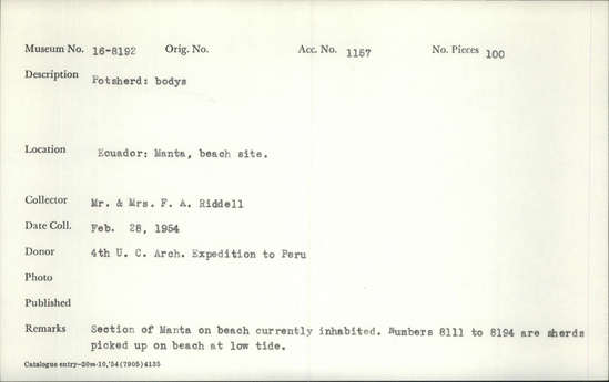 Documentation associated with Hearst Museum object titled Potsherd, accession number 16-8192, described as Potsherd: bodys Section of Manta on beach currently inhabited. Numbers  8111 to 8194 are sherds picked up on beach at low tide.