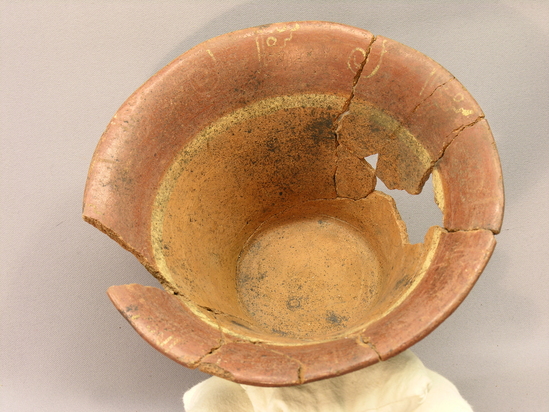 Hearst Museum object 6 of 12 titled Bowl, accession number 4-2794, described as Flaring flat-bottomed bowl, red, base containing rattles