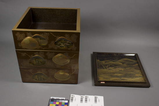 Hearst Museum object titled Box w/ lid, accession number 9-5684a-d, described as Laquered nested boxes with lid.