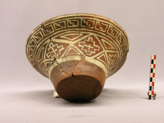 Hearst Museum object 9 of 9 titled Bowl, accession number 4-3312, described as Large flaring flat-bottomed bowl, red, white design