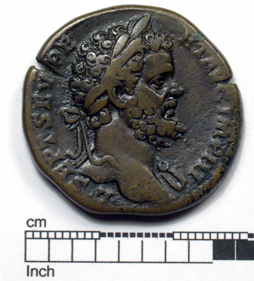 Hearst Museum object titled Coin: æ sestertius, accession number 8-4886, described as Coin; AE; Sestertius; Roman. 20.91 grams, 31 mm. Septimius Severus, 194 AD. Rome, Italy. Obverse: L SEPT SEV PERT AVG IMP III, bust r. laureate. Reverse: Africa standing r. draped, lion at feet; in field, S C.