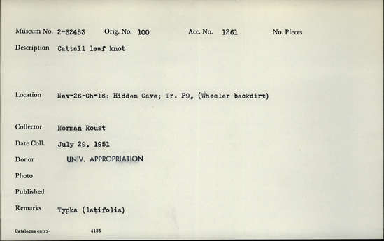 Documentation associated with Hearst Museum object titled Fiber knot, accession number 2-32453, described as Cattail leaf knot.