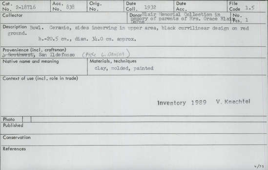 Documentation associated with Hearst Museum object titled Bowl, accession number 2-18716, described as Ceramic, sides incurving in upper area, black curvilinear design on red ground. Molded and painted.